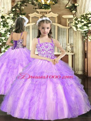 Sleeveless Organza Floor Length Lace Up Quinceanera Dresses in Lilac with Beading and Ruffles