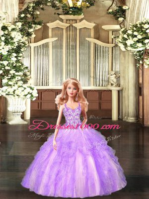 Sleeveless Organza Floor Length Lace Up Quinceanera Dresses in Lilac with Beading and Ruffles