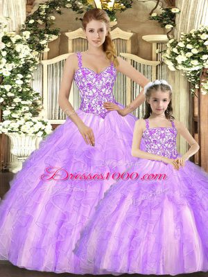 Sleeveless Organza Floor Length Lace Up Quinceanera Dresses in Lilac with Beading and Ruffles