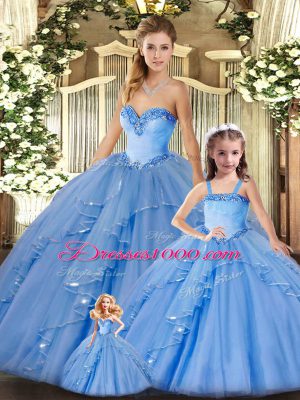 Classical Baby Blue Ball Gowns Beading and Ruffles Quinceanera Gown Lace Up Organza Sleeveless Floor Length