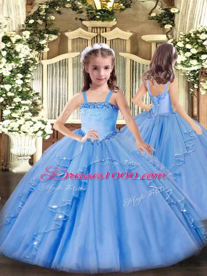 Classical Baby Blue Ball Gowns Beading and Ruffles Quinceanera Gown Lace Up Organza Sleeveless Floor Length