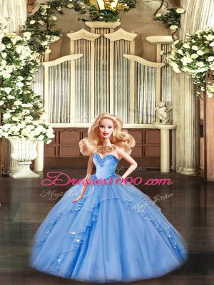 Classical Baby Blue Ball Gowns Beading and Ruffles Quinceanera Gown Lace Up Organza Sleeveless Floor Length