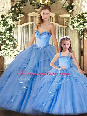 Classical Baby Blue Ball Gowns Beading and Ruffles Quinceanera Gown Lace Up Organza Sleeveless Floor Length