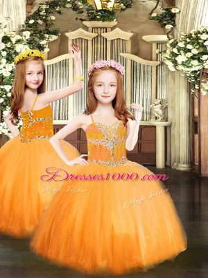 Floor Length Orange Red Quince Ball Gowns Tulle Sleeveless Beading