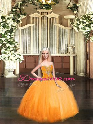 Floor Length Orange Red Quince Ball Gowns Tulle Sleeveless Beading