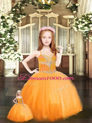 Floor Length Orange Red Quince Ball Gowns Tulle Sleeveless Beading