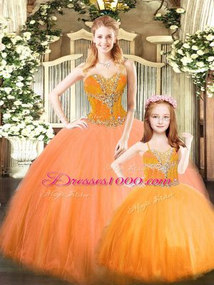 Floor Length Orange Red Quince Ball Gowns Tulle Sleeveless Beading