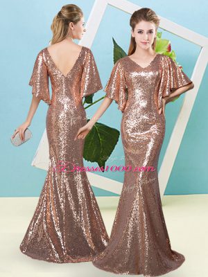 Fitting Half Sleeves Sequined Floor Length Zipper Dress for Prom in Brown with Sequins