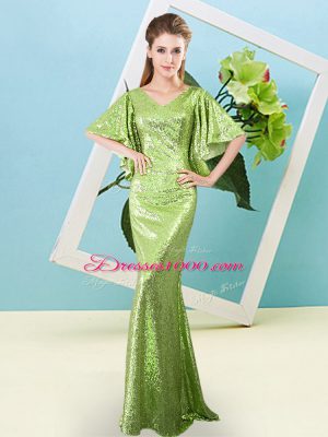 Pretty V-neck Half Sleeves Zipper Homecoming Dress Yellow Green Sequined