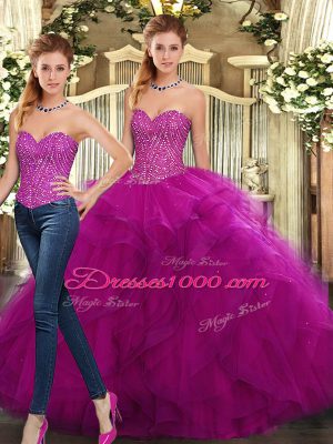 Beading and Ruffles Sweet 16 Dress Fuchsia Lace Up Sleeveless Floor Length