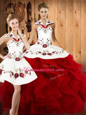 Halter Top Sleeveless Quinceanera Dresses Floor Length Embroidery and Ruffles Wine Red Satin and Organza