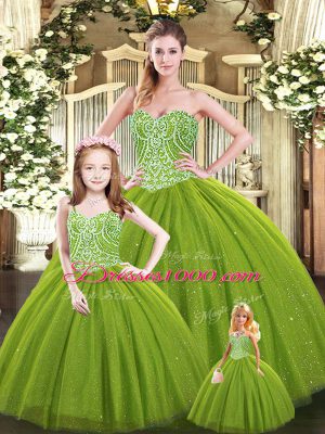 Olive Green Ball Gowns Sweetheart Sleeveless Tulle Floor Length Lace Up Beading Sweet 16 Quinceanera Dress