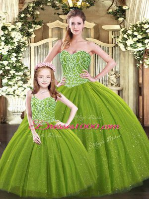 Olive Green Ball Gowns Sweetheart Sleeveless Tulle Floor Length Lace Up Beading Sweet 16 Quinceanera Dress