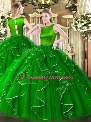 Green Ball Gowns Organza Scoop Sleeveless Ruffles Floor Length Clasp Handle Quinceanera Gown