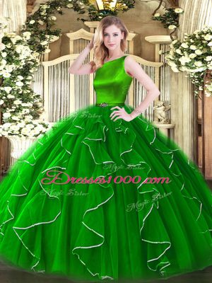Green Ball Gowns Organza Scoop Sleeveless Ruffles Floor Length Clasp Handle Quinceanera Gown
