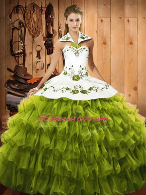 Olive Green Lace Up Halter Top Embroidery and Ruffled Layers 15th Birthday Dress Organza Sleeveless