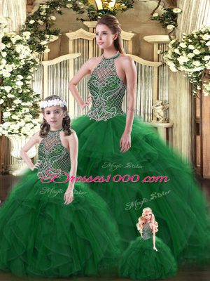 Artistic Dark Green 15 Quinceanera Dress Military Ball and Sweet 16 and Quinceanera with Beading and Ruffles Halter Top Sleeveless Lace Up