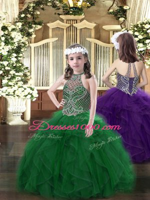 Artistic Dark Green 15 Quinceanera Dress Military Ball and Sweet 16 and Quinceanera with Beading and Ruffles Halter Top Sleeveless Lace Up