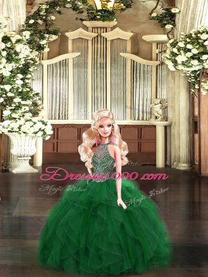 Artistic Dark Green 15 Quinceanera Dress Military Ball and Sweet 16 and Quinceanera with Beading and Ruffles Halter Top Sleeveless Lace Up