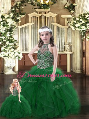 Artistic Dark Green 15 Quinceanera Dress Military Ball and Sweet 16 and Quinceanera with Beading and Ruffles Halter Top Sleeveless Lace Up