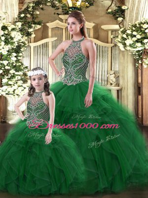 Artistic Dark Green 15 Quinceanera Dress Military Ball and Sweet 16 and Quinceanera with Beading and Ruffles Halter Top Sleeveless Lace Up