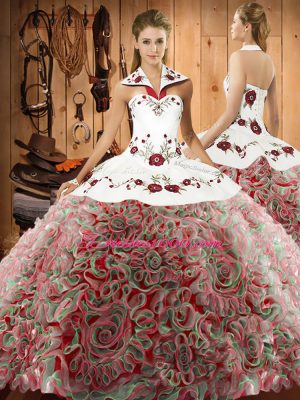 Sophisticated Multi-color Halter Top Lace Up Embroidery Quinceanera Gown Sweep Train Sleeveless