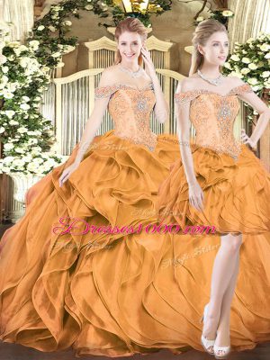 Orange Red Lace Up Vestidos de Quinceanera Beading and Ruffles Sleeveless Floor Length