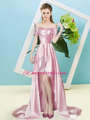 Noble Pink Empire Sequins Prom Dresses Lace Up Elastic Woven Satin and Sequined Short Sleeves High Low