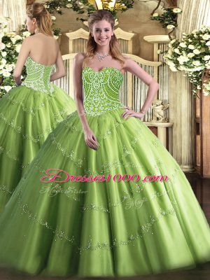 Popular Floor Length Ball Gowns Sleeveless Olive Green Quinceanera Gowns Lace Up