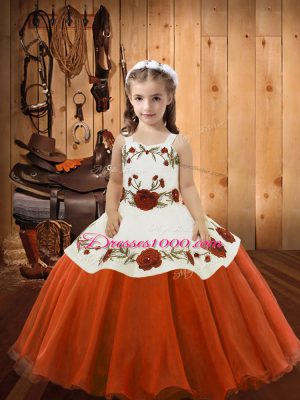 Orange Red Organza Lace Up Pageant Gowns For Girls Sleeveless Floor Length Embroidery