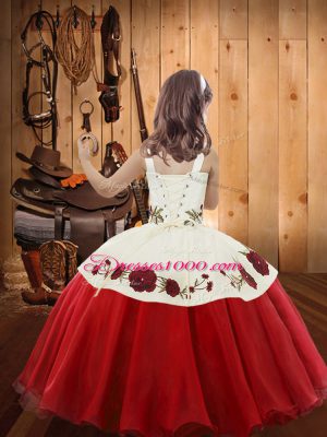 Orange Red Organza Lace Up Pageant Gowns For Girls Sleeveless Floor Length Embroidery