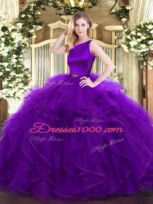 Sexy Sleeveless Organza Floor Length Clasp Handle Vestidos de Quinceanera in Purple with Ruffles