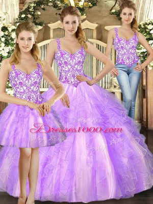 Floor Length Lilac Quince Ball Gowns Organza Sleeveless Beading and Ruffles