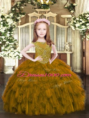 Brown Sleeveless Floor Length Beading and Ruffles Zipper Little Girls Pageant Gowns
