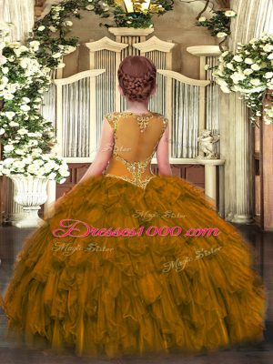 Brown Sleeveless Floor Length Beading and Ruffles Zipper Little Girls Pageant Gowns