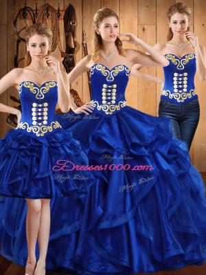Captivating Royal Blue Organza Lace Up Sweetheart Sleeveless Floor Length Sweet 16 Quinceanera Dress Embroidery and Ruffles