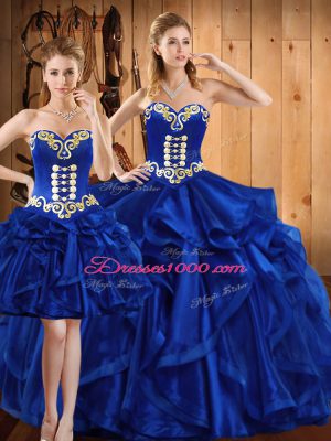 Captivating Royal Blue Organza Lace Up Sweetheart Sleeveless Floor Length Sweet 16 Quinceanera Dress Embroidery and Ruffles