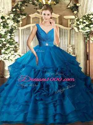 Blue Ball Gowns Organza V-neck Sleeveless Beading and Ruching Floor Length Backless Quinceanera Gowns