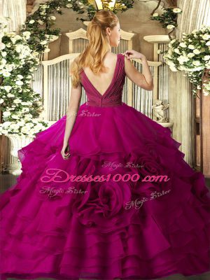 Blue Ball Gowns Organza V-neck Sleeveless Beading and Ruching Floor Length Backless Quinceanera Gowns