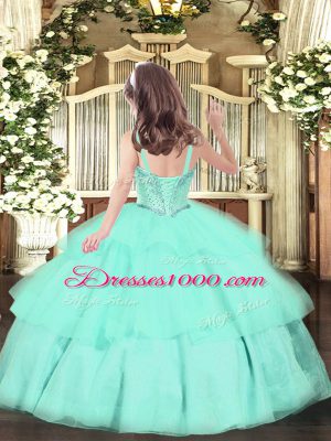 Yellow Green Lace Up Straps Beading and Ruffled Layers Pageant Gowns For Girls Organza Sleeveless