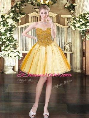 Sleeveless Tulle Mini Length Lace Up in Gold with Beading