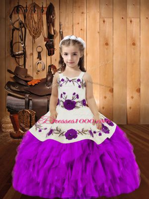 Purple Ball Gowns Embroidery and Ruffles Little Girl Pageant Dress Lace Up Organza Sleeveless Floor Length