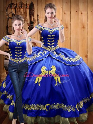 Off The Shoulder Sleeveless Lace Up Ball Gown Prom Dress Royal Blue Satin and Organza