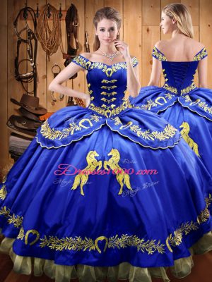 Off The Shoulder Sleeveless Lace Up Ball Gown Prom Dress Royal Blue Satin and Organza