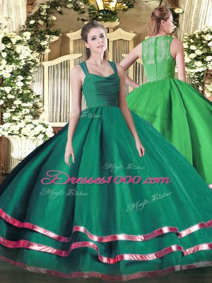 Wonderful Straps Sleeveless Quinceanera Dress Floor Length Ruffled Layers and Ruching Dark Green Organza