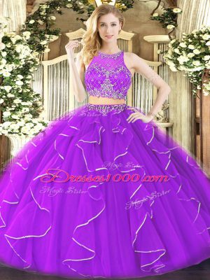 Trendy Purple Organza Zipper Scoop Sleeveless Floor Length Sweet 16 Dresses Ruffles
