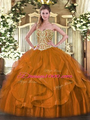 Cute Beading and Ruffles Sweet 16 Quinceanera Dress Rust Red Lace Up Sleeveless Floor Length