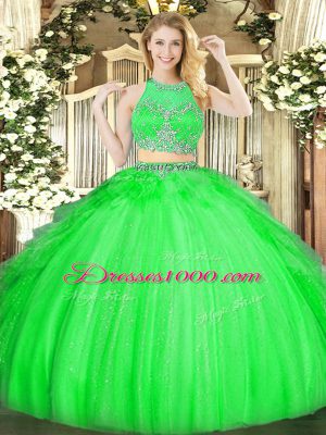 Green Zipper Scoop Beading and Ruffles Quinceanera Dresses Tulle Sleeveless