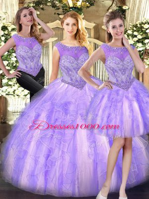 Custom Fit Lilac Tulle Zipper 15 Quinceanera Dress Sleeveless Floor Length Beading and Ruffles