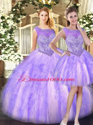 Custom Fit Lilac Tulle Zipper 15 Quinceanera Dress Sleeveless Floor Length Beading and Ruffles